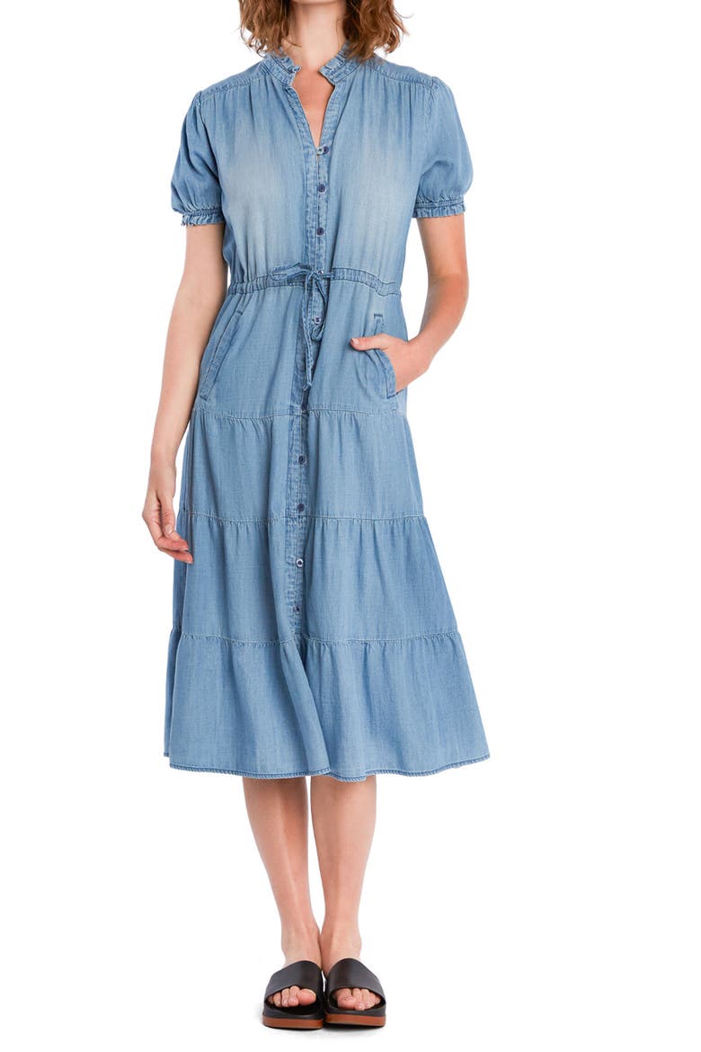 Tie Waist Tiered Chambray Midi Dress, Main, color, DENIM