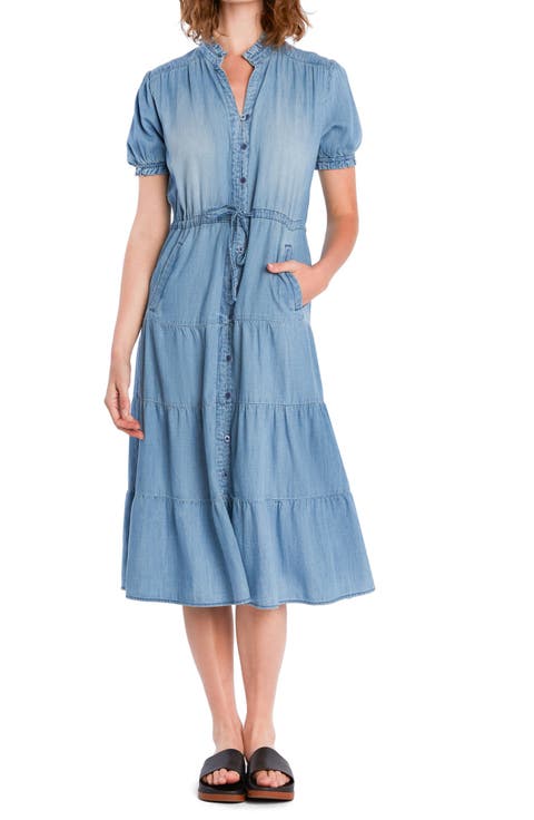 Tie Waist Tiered Chambray Midi Dress