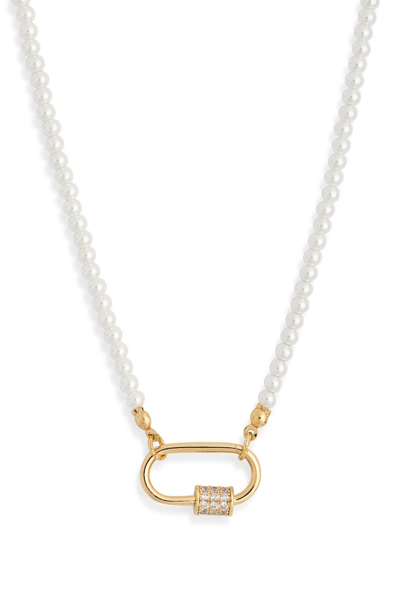 Leith Cubic Zirconia & Faux Pearl Carabiner Necklace, Alternate, color, Clear- White- Gold