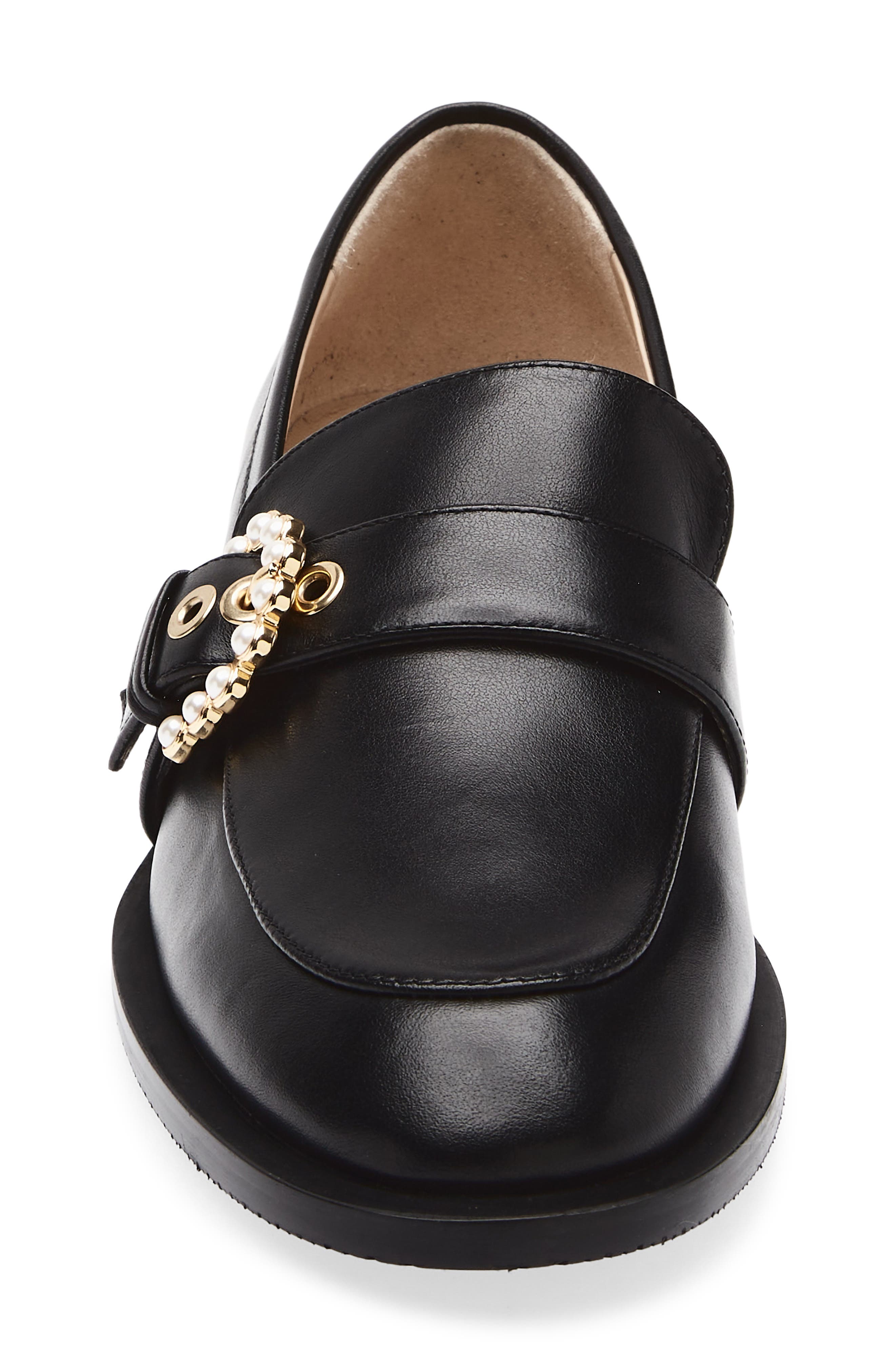 Stuart Weitzman Piper Faux Pearl Buckle Loafer, Alternate, color, Black