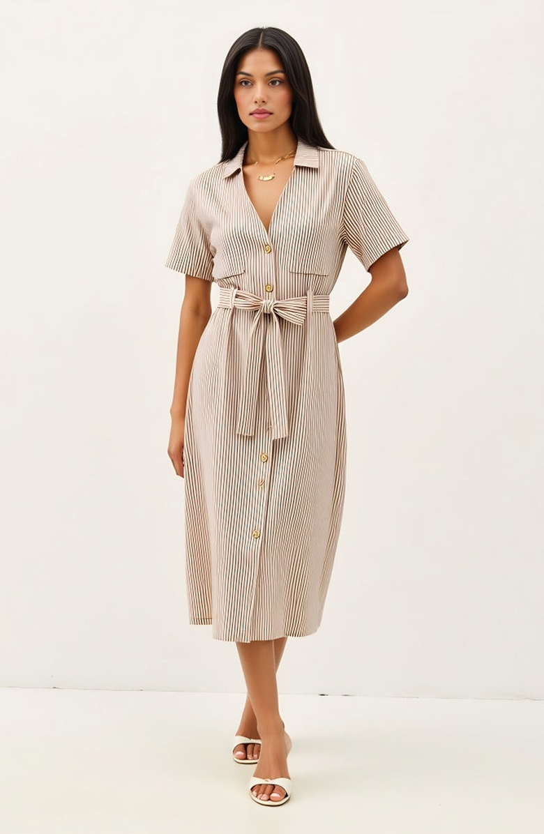 Modenaire Striped Button-Down Midi Dress with Waist Tie and Collared Neckline, Alternate, color, Beige / Brown Striped