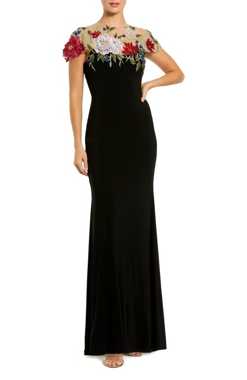 Mac Duggal Embroidered Floral Detail A-line Gown In Black Multi