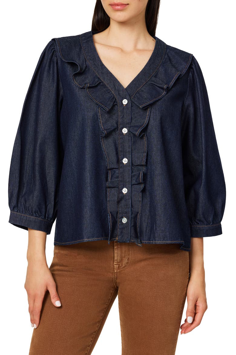 Ruffle Neck Denim Top, Main, color, RINSE