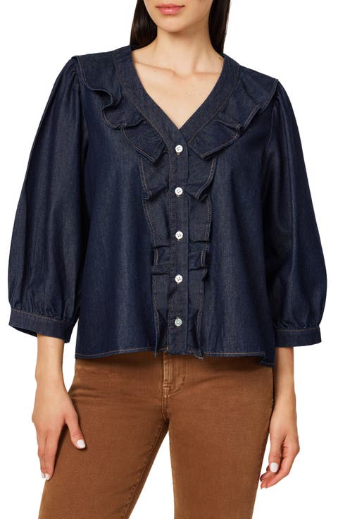 Ruffle Neck Denim Top