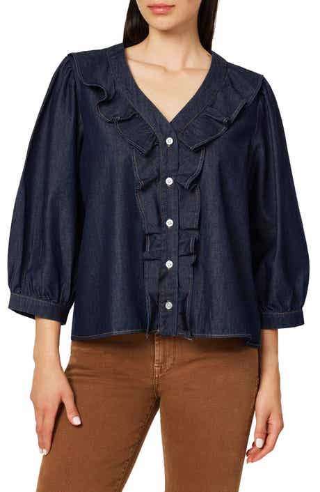 Ruffle Neck Denim Top