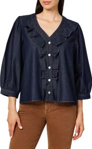 Kensie Ruffle Neck Denim Top