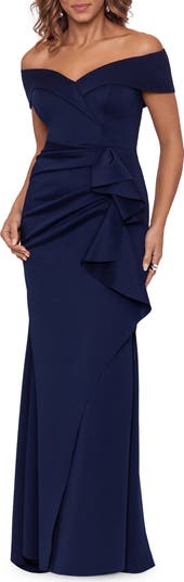knee length dresses for ladies Patti" Long Off the Shoulder Techno Scuba Dress