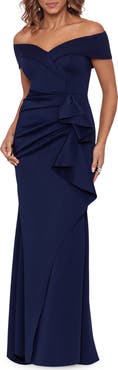 Xscape Evenings Off the Shoulder Ruffle Scuba Crepe Gown