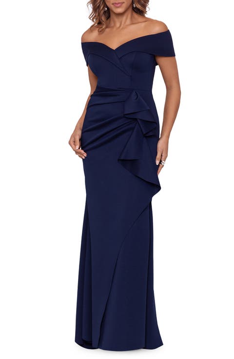 Xscape Evenings Off the Shoulder Ruffle Scuba Crepe Gown (Regular & Petite)