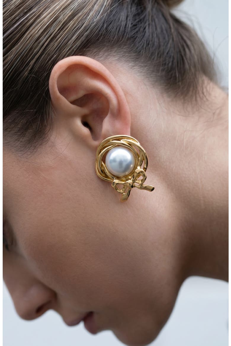 Bow Shell Pearl Clip-On Earrings, Alternate, color, GOLD