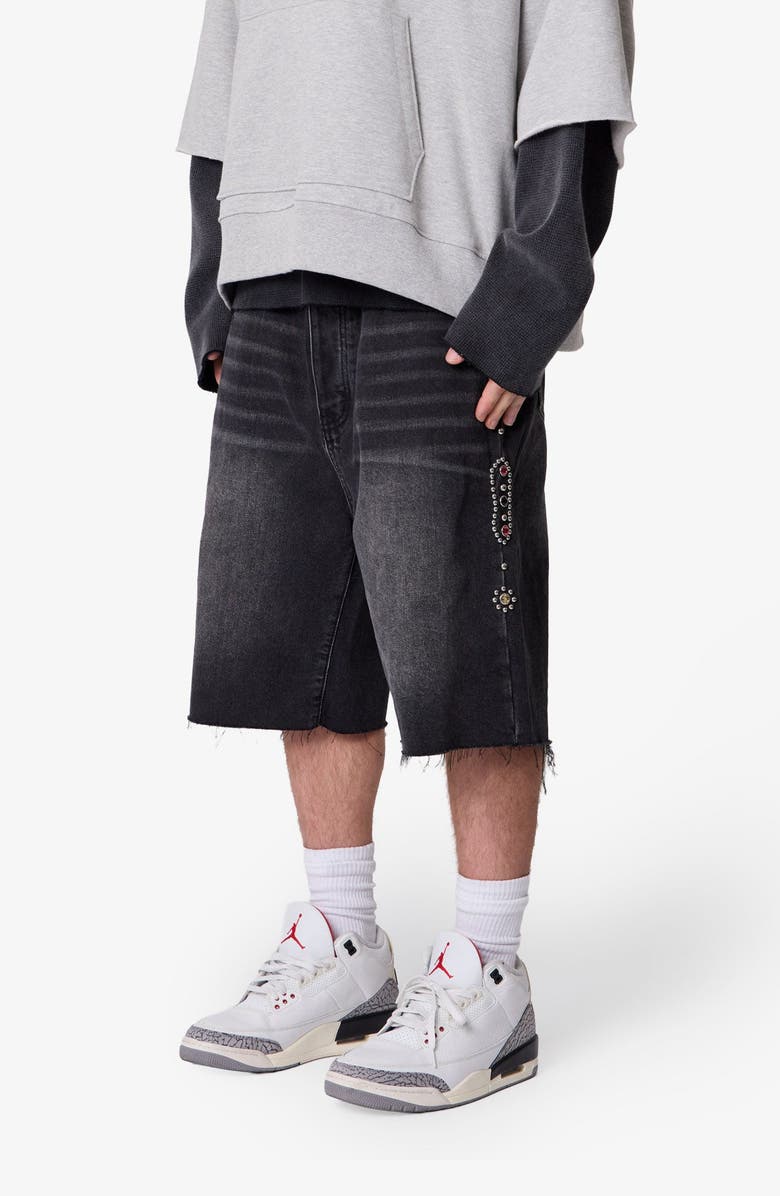 mnml Baggy Mojave Embellished Cutoff Denim Shorts, Alternate, color, 