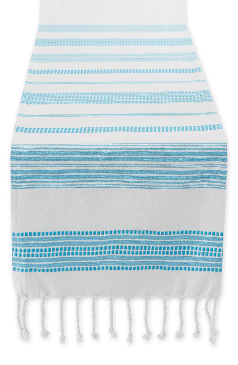 Design Imports Surfrider Stripe Fringe Cotton Table Runner, Main, color, Blue