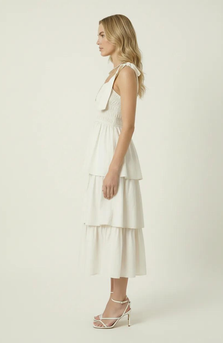 Modenaire Tiered Smocked Bow-Tie Strap Midi Dress, Alternate, color, Cream