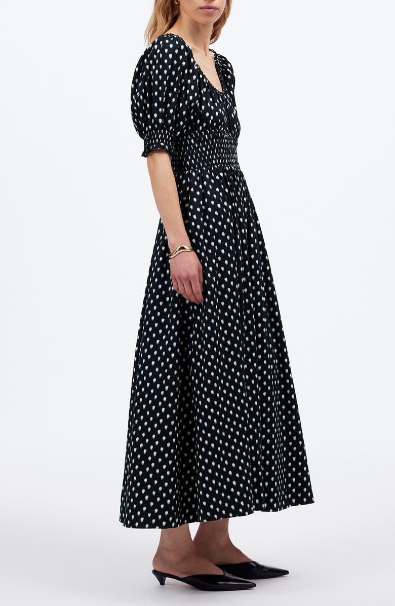 Madewell Shibori Dot Smocked Waist Midi Dress, Alternate, color, 
