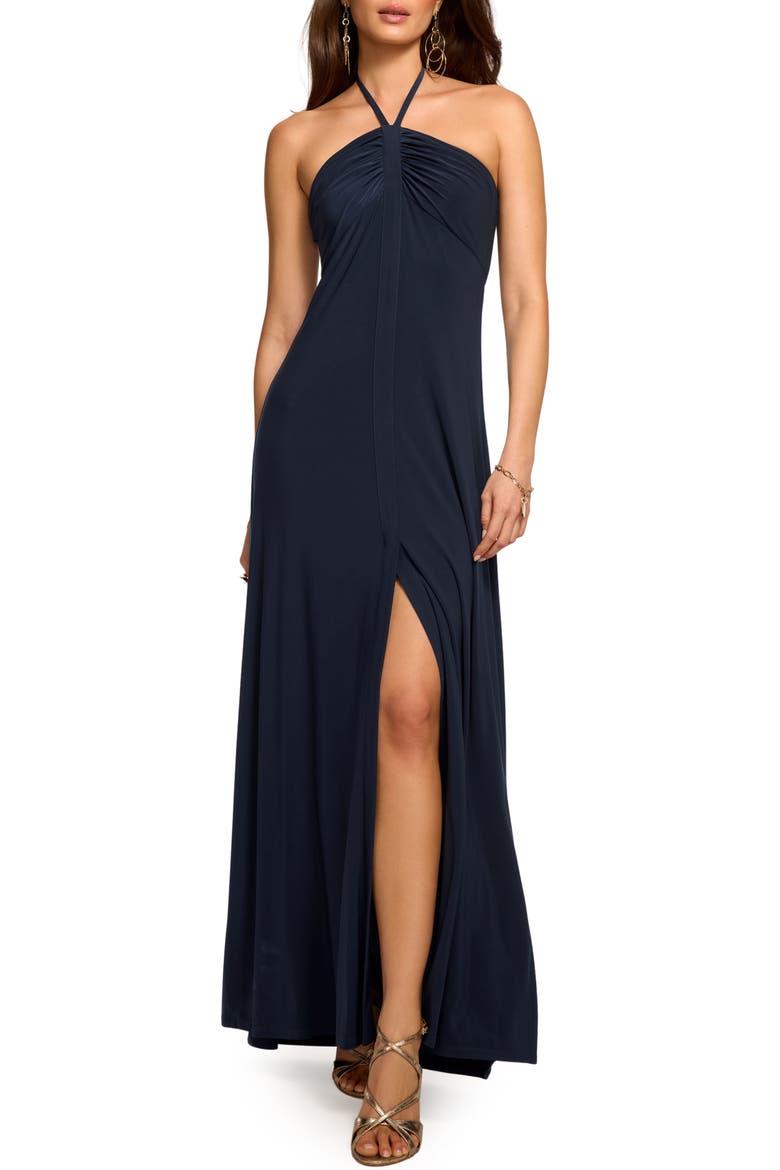 Mira Gathered Halter Gown, Main, color, NAVY