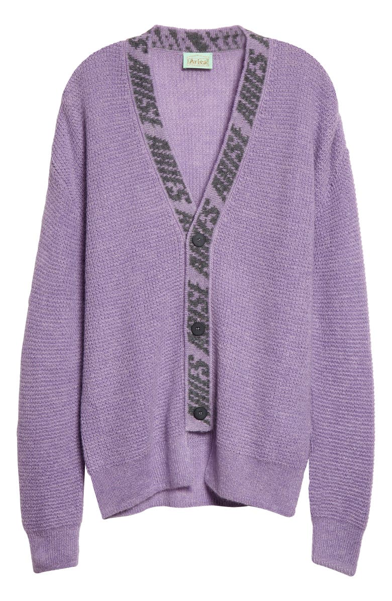 Aries Logo Jacquard Waffle Stitch V-Neck Cardigan, Alternate, color, 