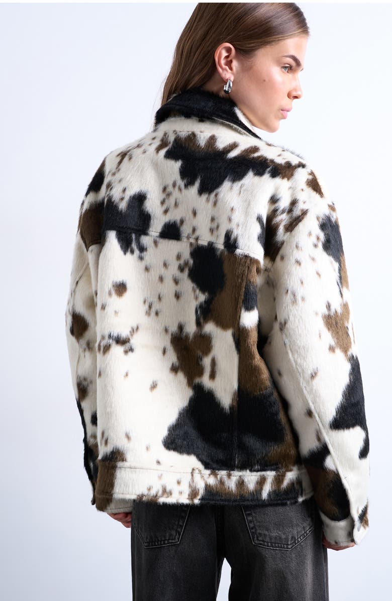 Topshop Cow Print Faux Fur Western Trucker Jacket, Alternate, color, Black