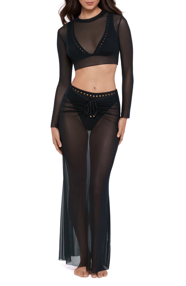 Steve Madden Sheer Mesh Crop Cover-Up Top, Main, color, Black