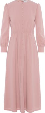 Milan Italy Linen Look Smocked Waist Faux Button Midi Dress