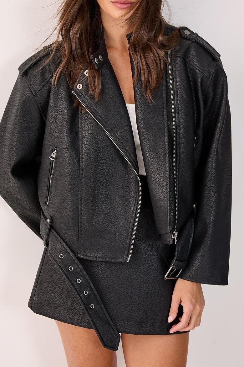 Belted Faux Leather Biker Jacket, Alternate, color, Black