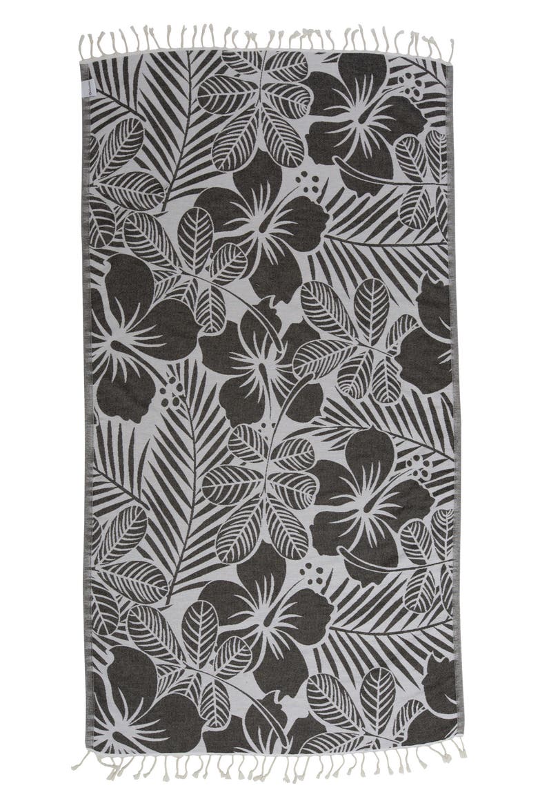 Hawaiian Flower Print Organic Cotton Reversible Turkish Towel, Main, color, Black
