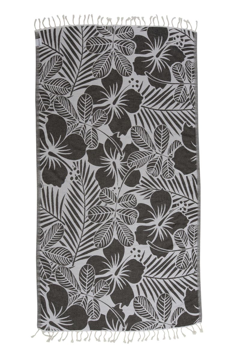 InfuseZen Hawaiian Flower Print Organic Cotton Reversible Turkish Towel, Main, color, Black