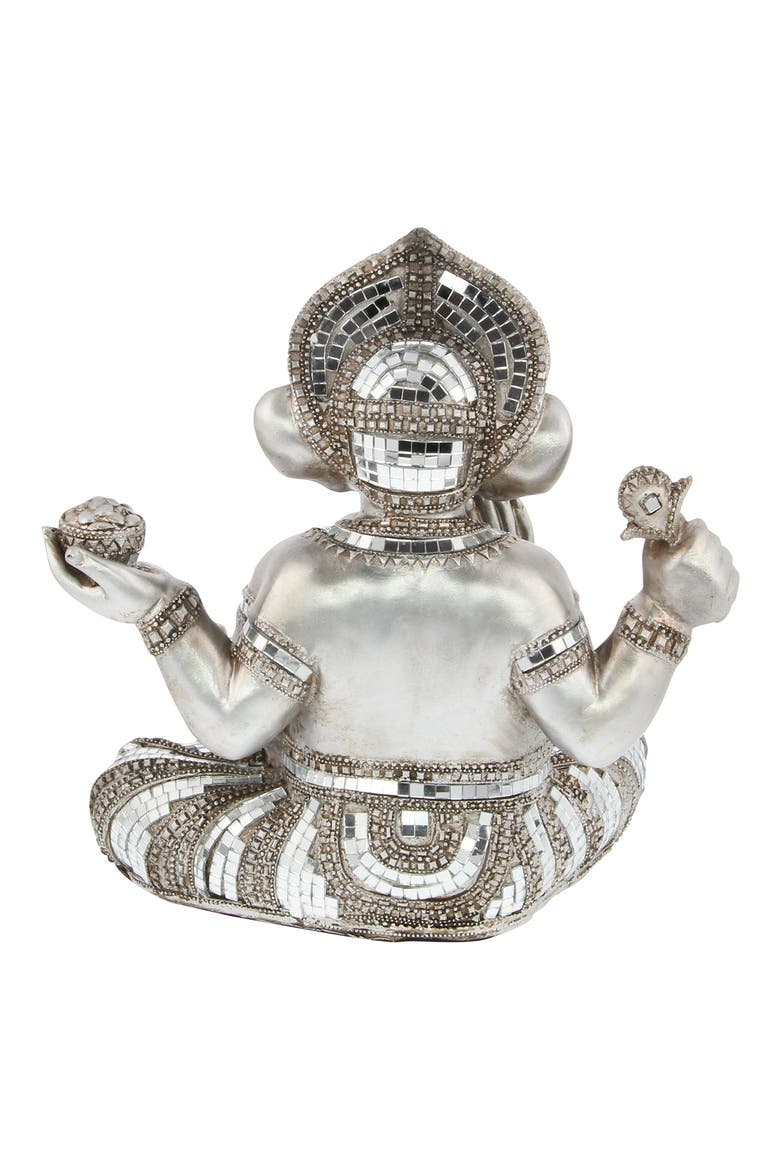 Silvertone Polystone Meditating Ganesh Sculpture with Engraved Carvings and Relief Detailing, Alternate, color, SILVER