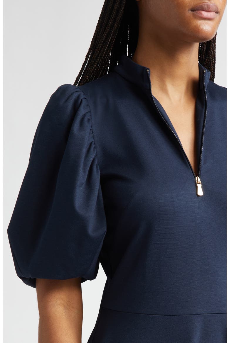 Half Zip Puff Sleeve Ponte Knit Dress, Alternate, color, 11 BLUE