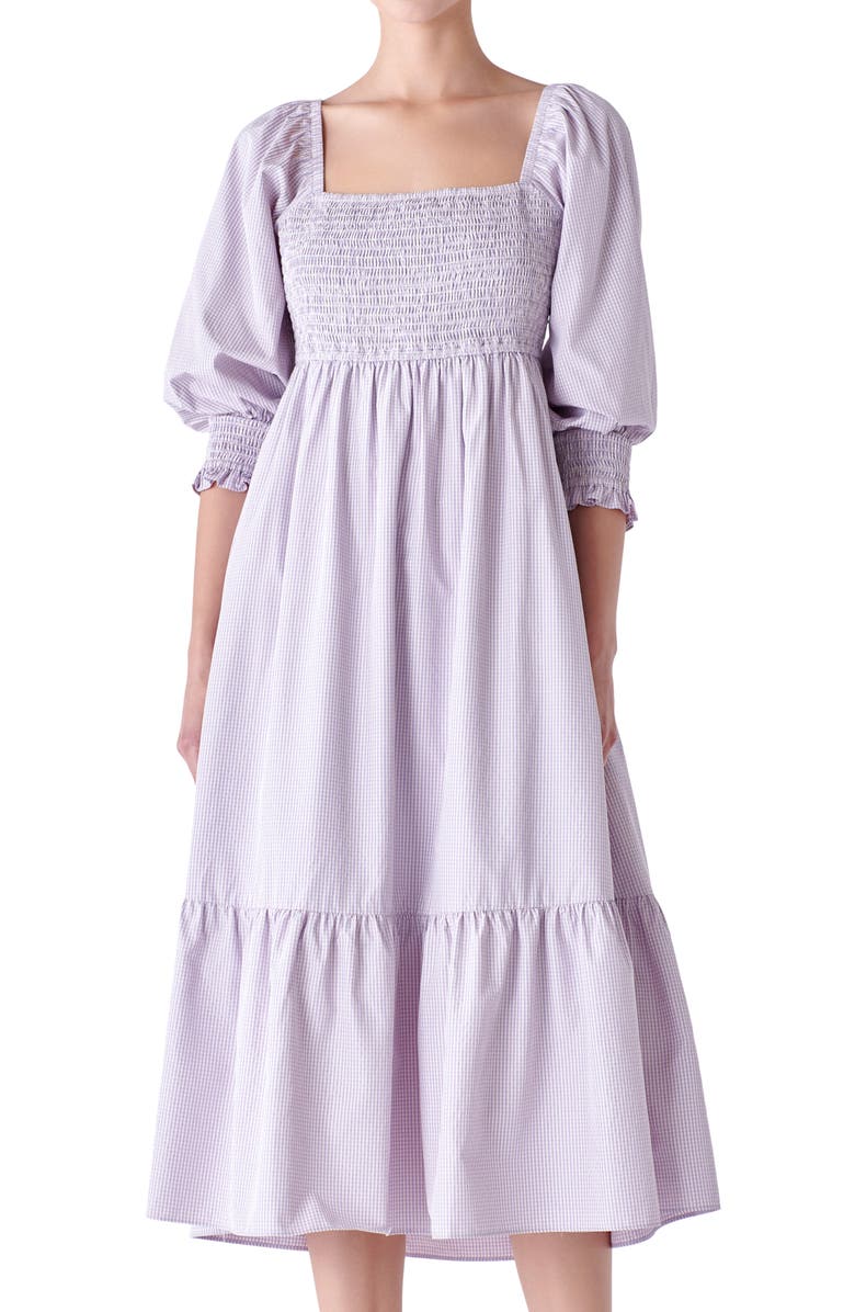 English Factory Gingham Smocked Puff Sleeve Midi Dress, Alternate, color,