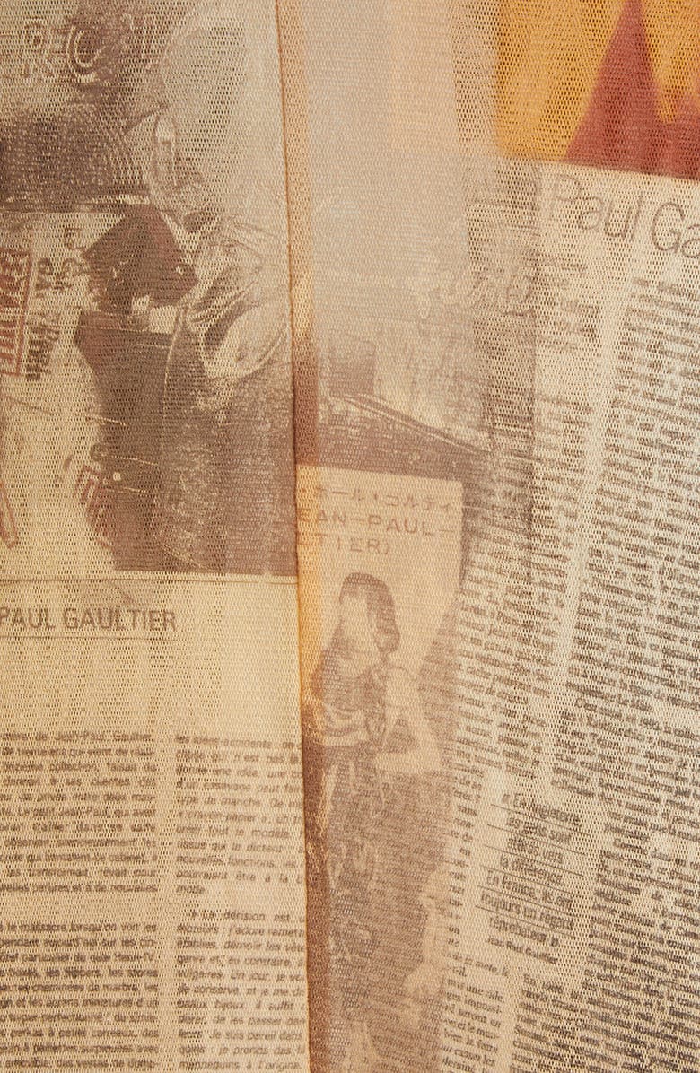 Jean Paul Gaultier Newspaper Print Open Back Mesh Body-Con Dress, Alternate, color, Ecru/ Light Grey/ Red