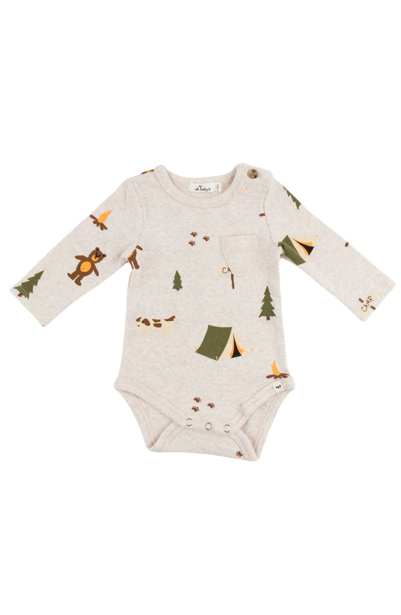 Oh baby! Brand Teddy Bear Face Print Pocket Romper- Infant, Main, color, Malt