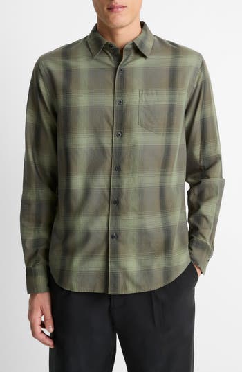 Vince Classic Fit Plaid Cotton Button-up Shirt In Green