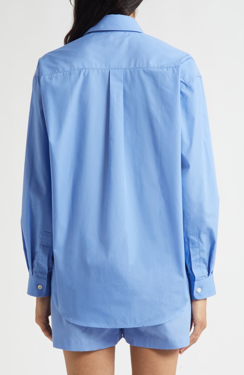 Sporty & Rich Crown Tennis Embroidered Oversize Poplin Button-Up Shirt, Alternate, color, Flax Blue