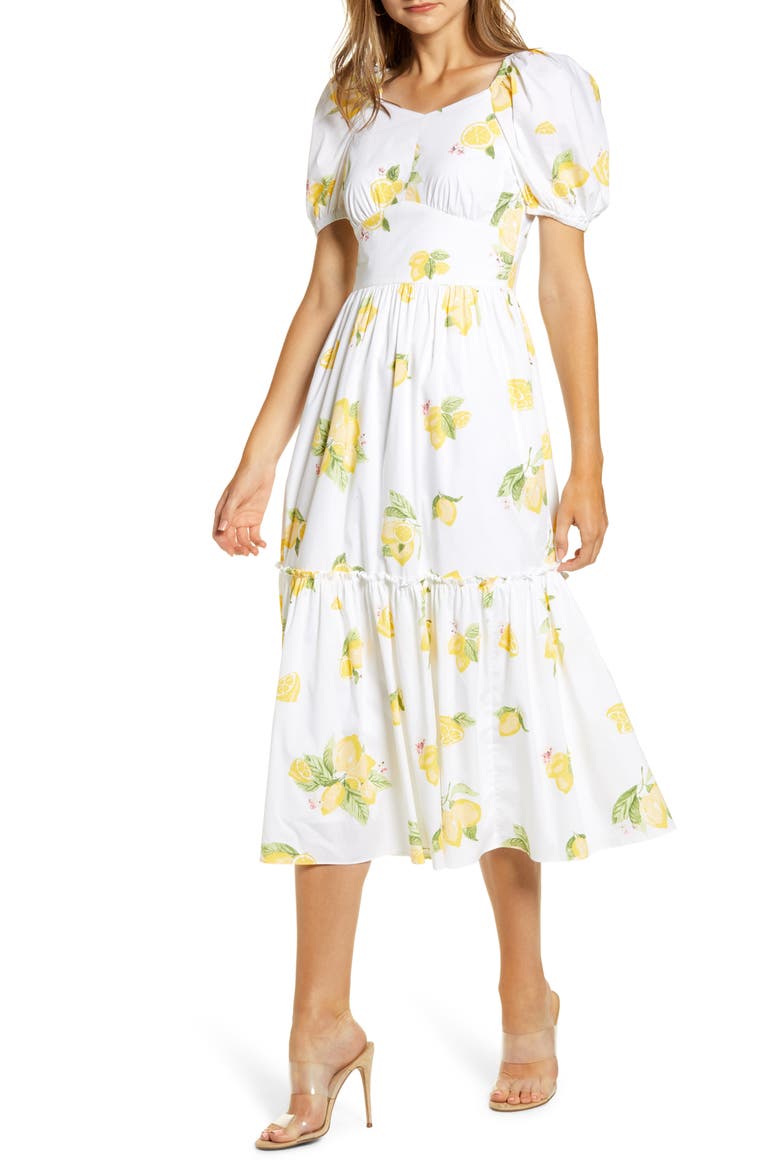 Puff Sleeve Midi Dress, Main, color, YELLOW MAIZE LEMON PRINT