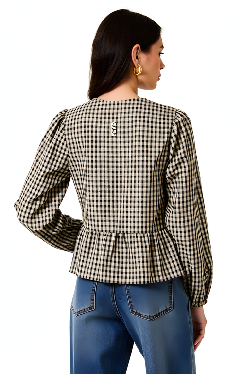 Modenaire Gingham Peplum Blouse With Front Tie And Ruffle Hem In Multi