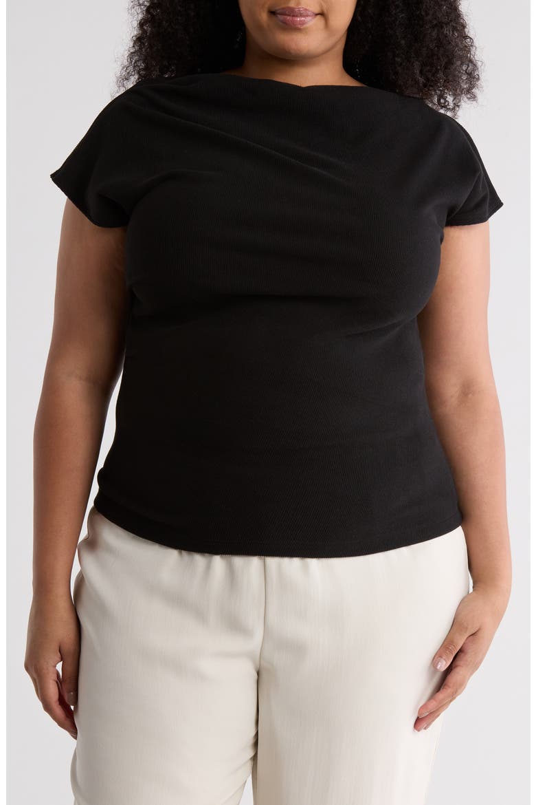 Cowl Neck Cap Sleeve Ribbed T-Shirt, Main, color, BLACK