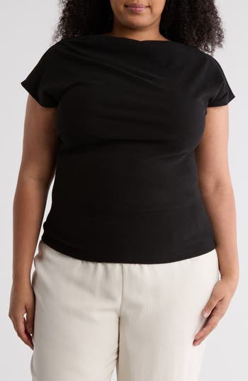Renee C Cowl Neck Cap Sleeve Ribbed T-shirt In Black