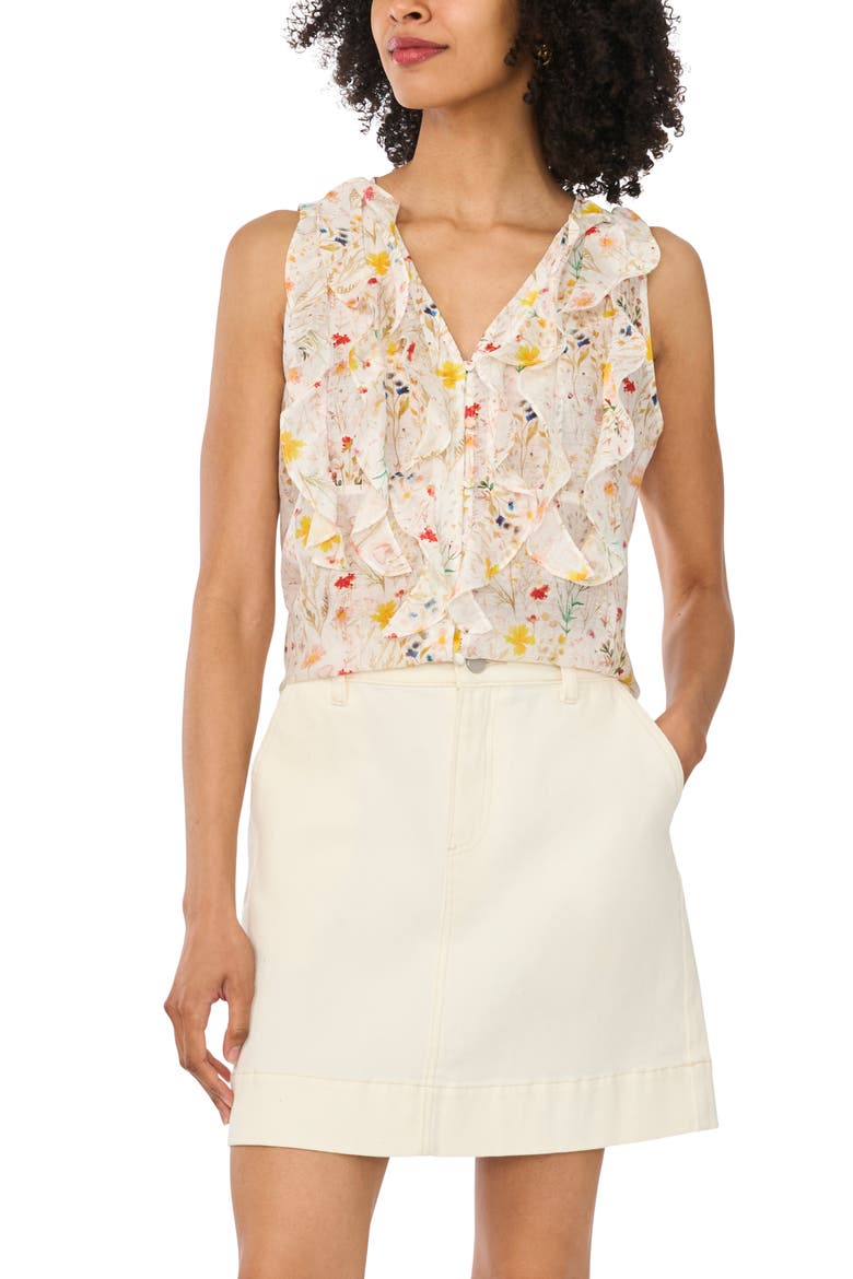 Ruffled V-Neck Sleeveless Top, Main, color, ULTRA WHITE