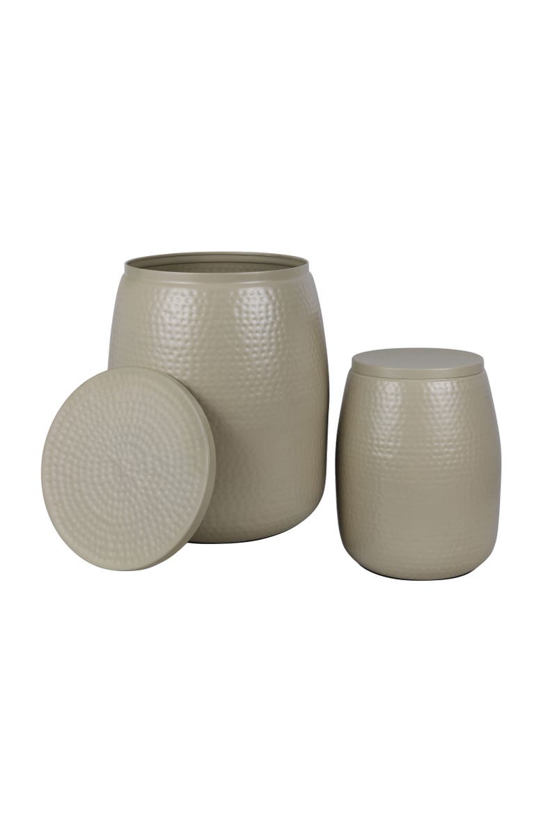 HAPPIMESS Merida Modern Rustic 2-Piece Hammered Metal Drum Storage Side Tables with Lids, Main, color, Almond