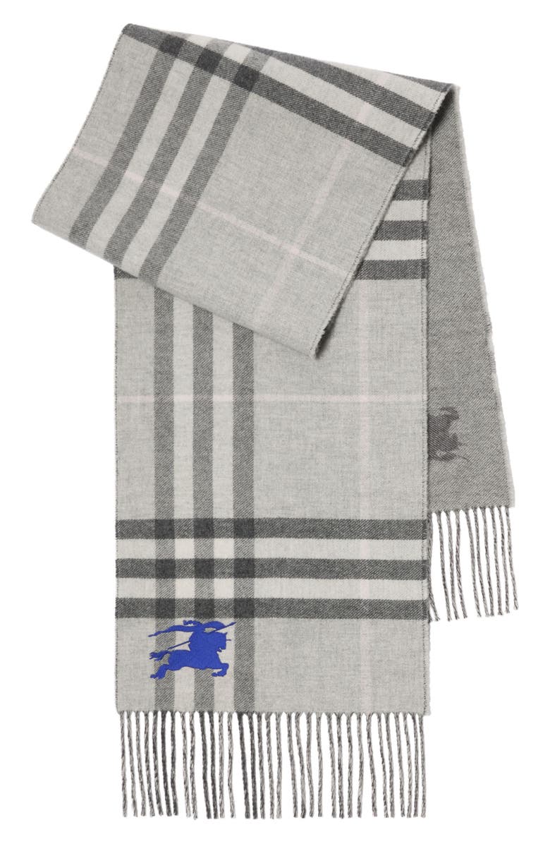 Burberry EKD Check Reversible Double Face Cashmere Fringe Scarf, Alternate, color, Mitten Grey