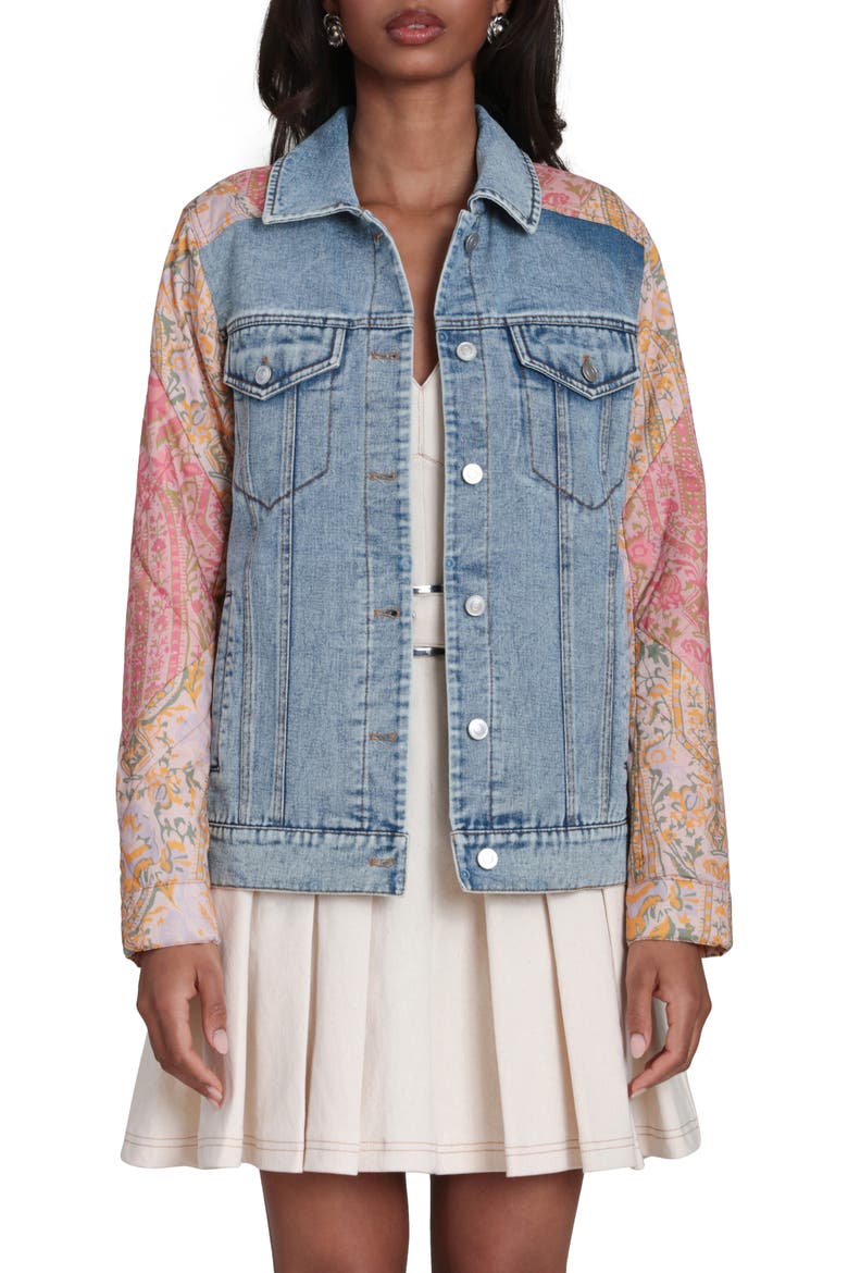 Mixed Media Denim Trucker Jacket, Alternate, color, LIGHT BLUE/ ORANGE MULTICOLOR