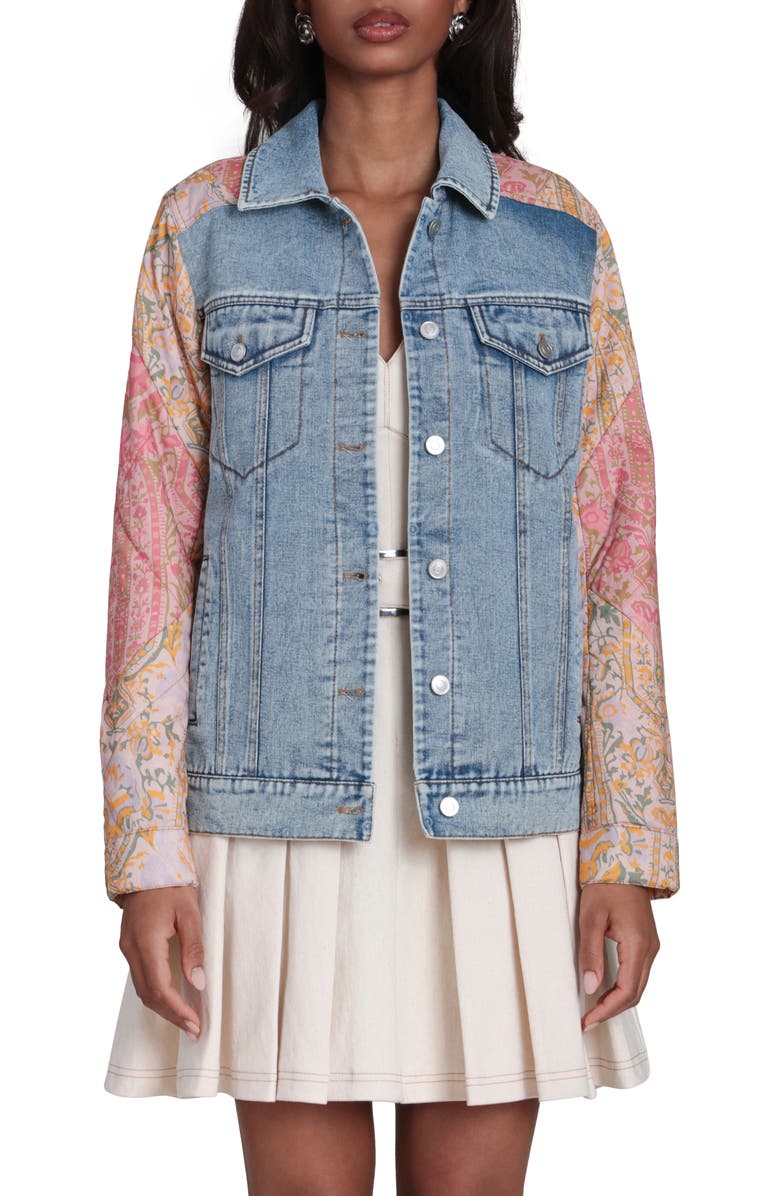 Avec Les Filles Mixed Media Denim Trucker Jacket, Alternate, color, Light Blue/ Orange Multicolor