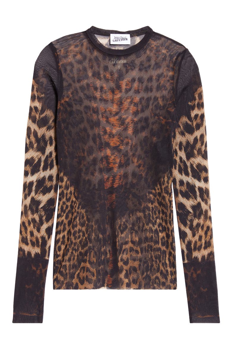 Leopard Print Long Sleeve Mesh Top, Alternate, color, BEIGE/ BROWN/ DARK BROWN