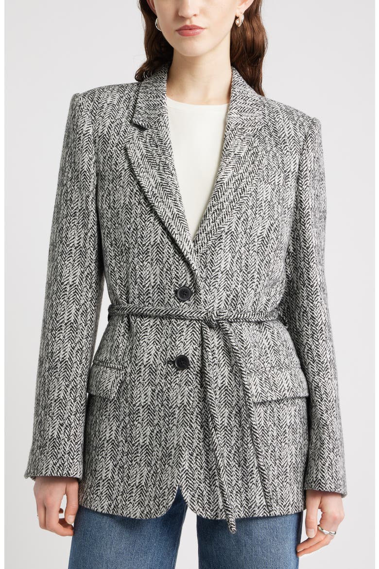 The Liv Belted Textured Boyfriend Blazer, Main, color, BLACK IVORY HERRINGBONE