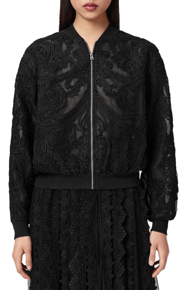 AllSaints Jade Embroidered Bomber Jacket, Main, color, Black