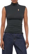 Helmut Lang Asymmetric Button Mock Neck Sleeveless Top
