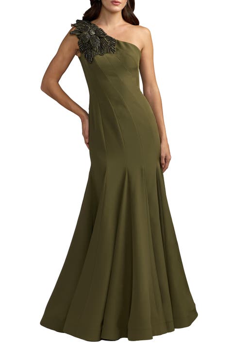 Crepe One Shoulder Gown With Flower