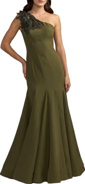 Mac Duggal Crepe One Shoulder Gown With Flower