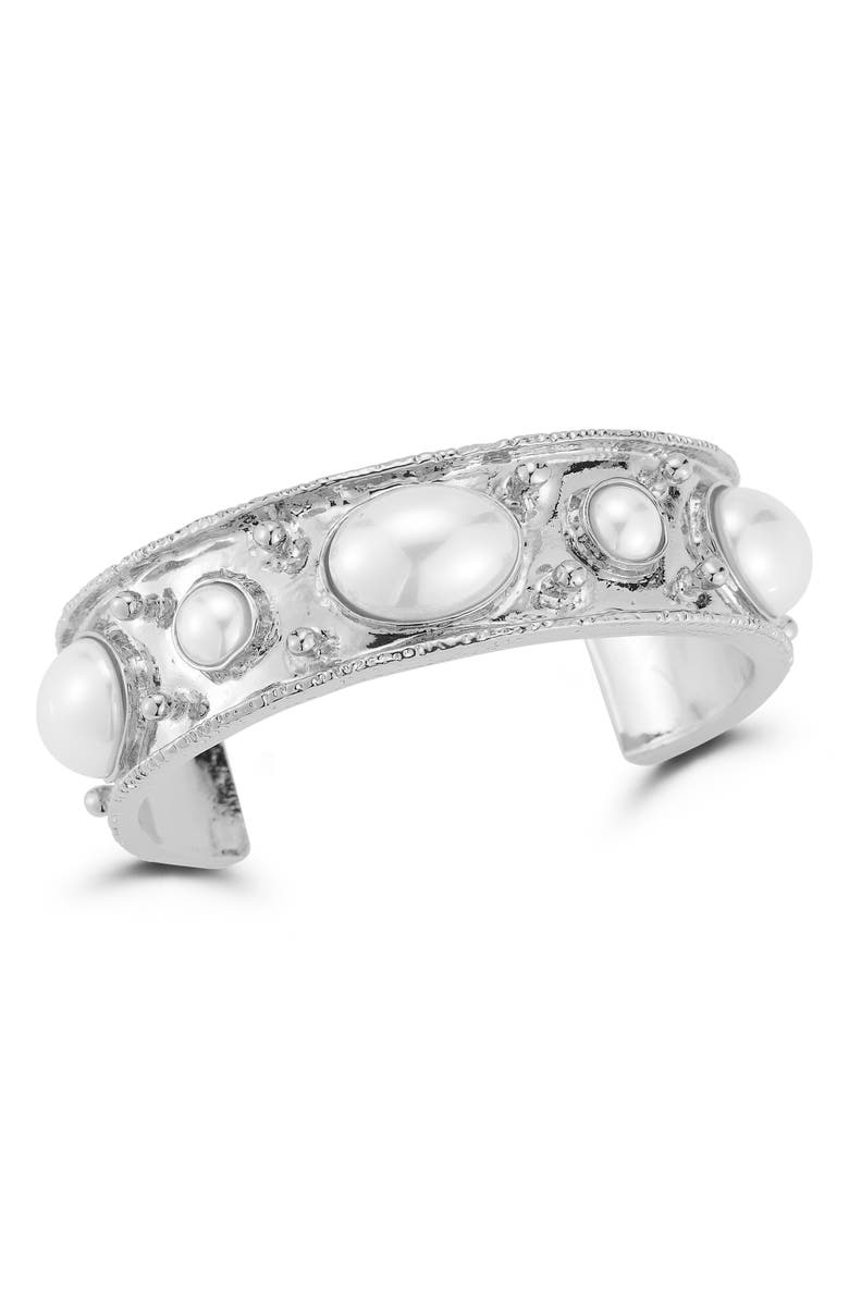 SPHERA MILANO Faux Pearl Cuff Bracelet, Main, color, Silver