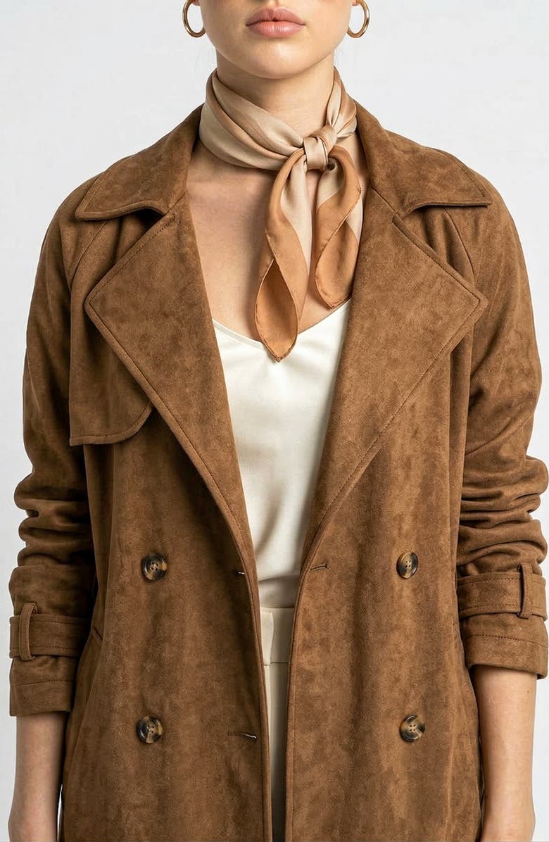 Knit & Lounge Long Sleeve Midi Trench Coat with Belted Waist and Double Breasted Front, Alternate, color, Brown